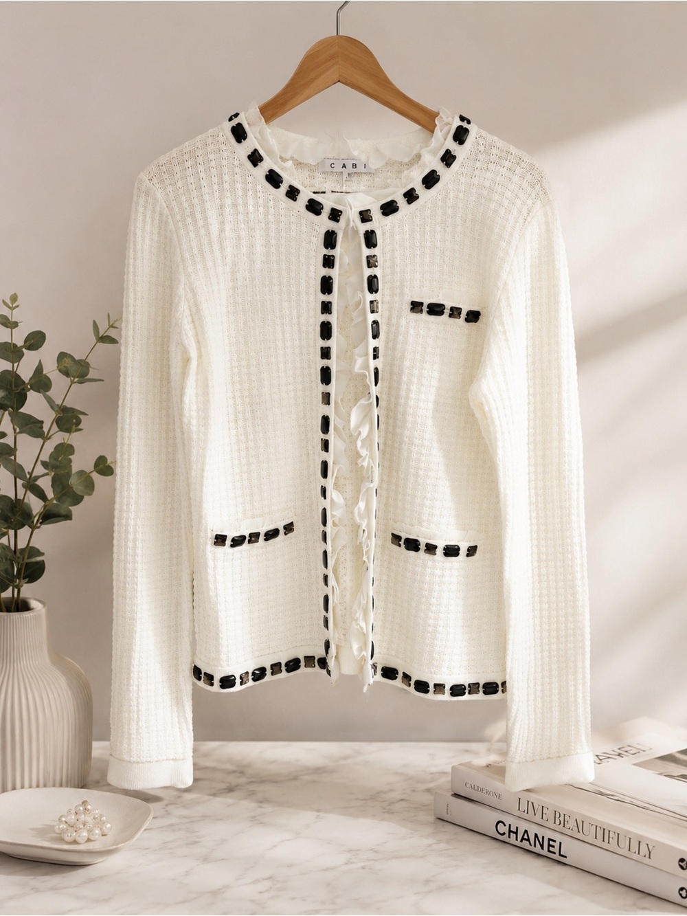 CAbi Cream Knit Cardigan with Black Trim